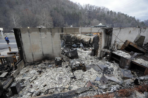 Some walls of a burned-out business remain Wednesday, Nov. 30, 2016, in Gatlinburg, Tenn., after a wildfire swept through the area Monday. Three more bodies were found in the ruins of wildfires that torched hundreds of homes and businesses in the Great Smoky Mountains area, officials said Wednesday. (AP Photo/Mark Humphrey)